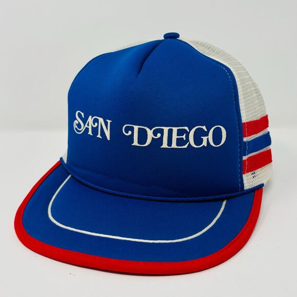 Vintage 3 Stripe 90's Trucker Hat Cap Snapback San Diego California Blue Red - Picture 1 of 7
